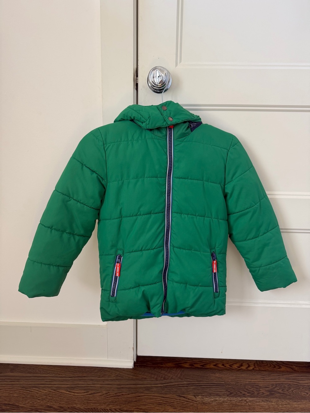 Mini Boden Green Hooded Puffer Jacket with Contrast Zippers